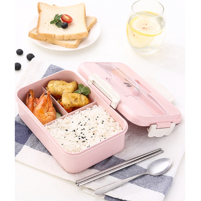 Hộp đựng cơm, hộp cơm văn phòng lúa mạch 3 ngăn kèm muỗng inox xịn xò