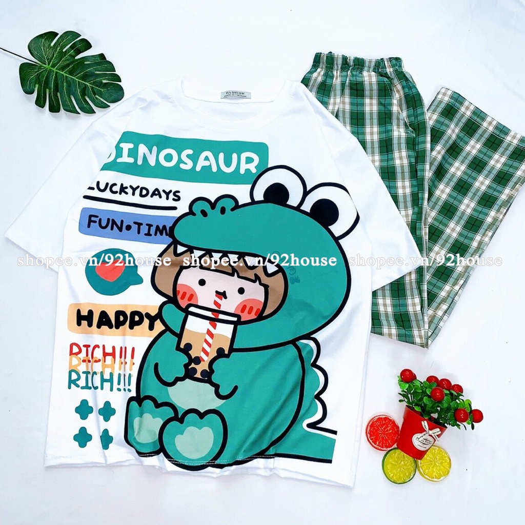 Bộ dài unisex áo phông quần ống rộng kẻ caro chất kate mềm mịn