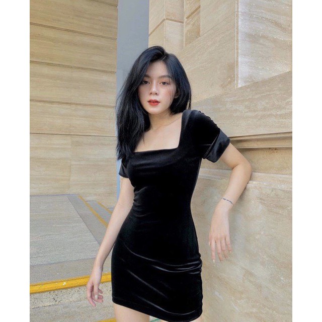 Đầm ôm body quyến rũ đen nhung ngắn tay siêu hot - Freesize - BomBom shop | BigBuy360 - bigbuy360.vn