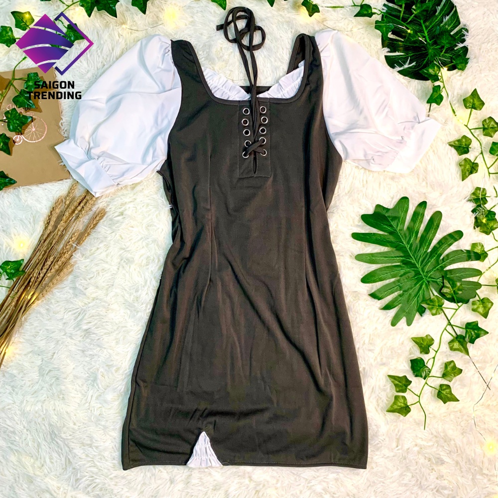 Đầm tay ngắn dáng chữ A phong cách Retro Hàn Quốc xinh xắn, Đầm ngắn tay hai lớp màu xám ngọt ngào - VN010