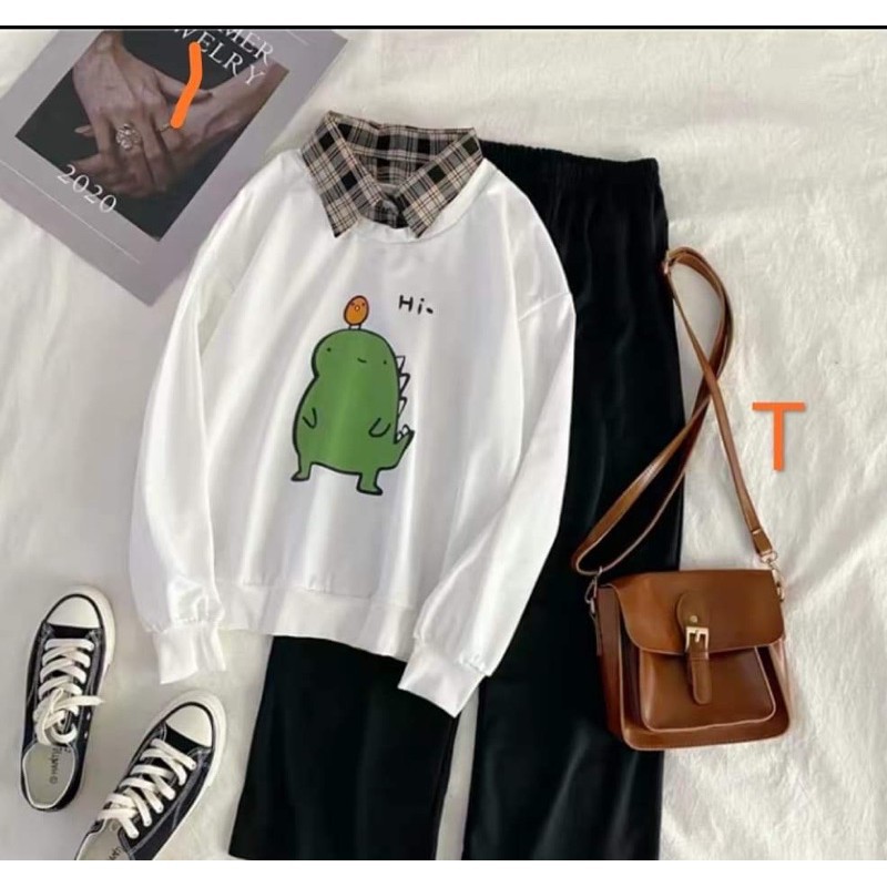 Sét áo nỉ bo khủng long Hi+quần rộng xuông, Áo nỉ Unisex from rộng, Chất nỉ ấm mặc không xù, thiết kế phong cách - MODY