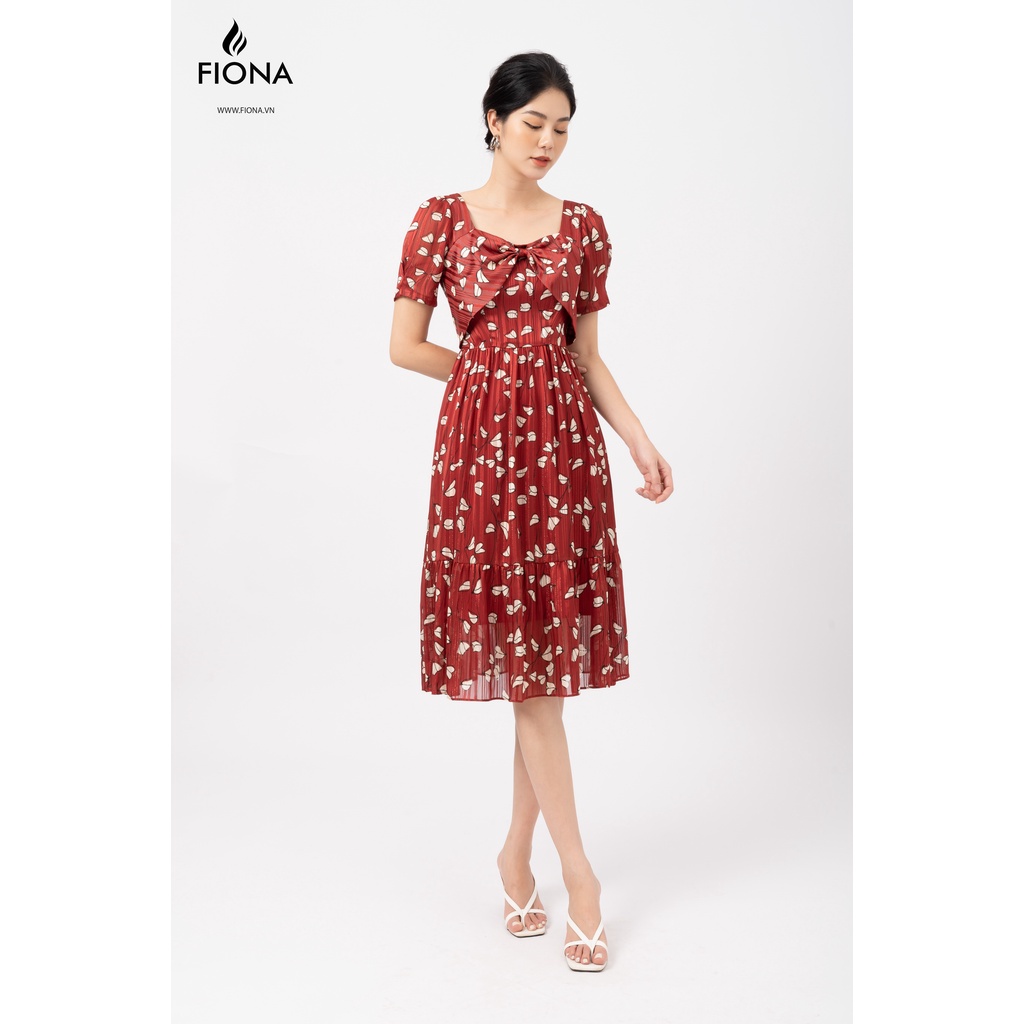 Đầm xòe cổ vuông Fiona, Đầm công sở xoắn nơ ngực tay nhún bồng màu đỏ F451406