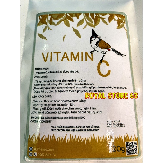 Vitamin C Dành Cho Chim Cảnh 20gram Acpharno Tăng sức đề kháng, giảm và chống stress