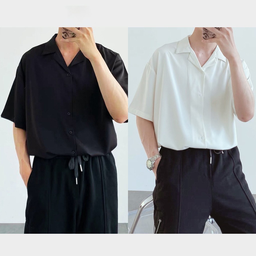 Áo sơ mi tay ngắn nam nữ form rộng sơ mi cổ vest unisex tay lỡ, chất vải lụa mịn chống nhăn A6