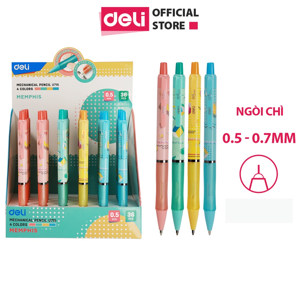 Bút chì kim bấm ngòi 0.5 -0.7mm Deli nhiều màu vỏ nhựa cao cấp an toàn cho học sinh,dân văn phòng họa tiết hoa quả EU715