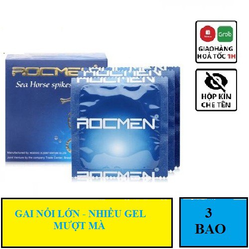 Bao Cao Su Rocmen Cá Ngựa xanh,[SỐC][HÀNG CHÍNH HÃNG]  Hộp 3 chiếc, Gân gai kéo dài thời gian