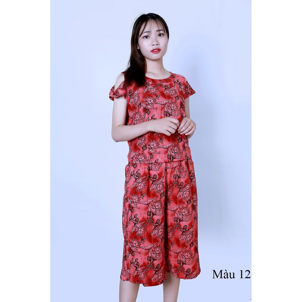 Bộ mặc nhà lanh (tole) Vicci BST.075 cao cấp, áo croptop phối quần sớ trẻ in họa tiết