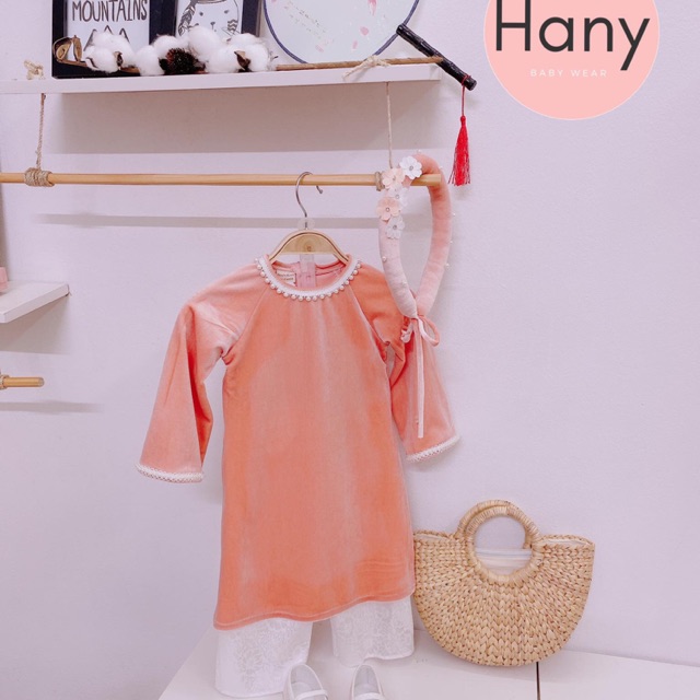 [Hany Baby] Bộ Áo dài Hồng đào + quần Lụa Vân Hoa + Mấn đính Hoa và Đá ( Đính thủ công chắc chắn)