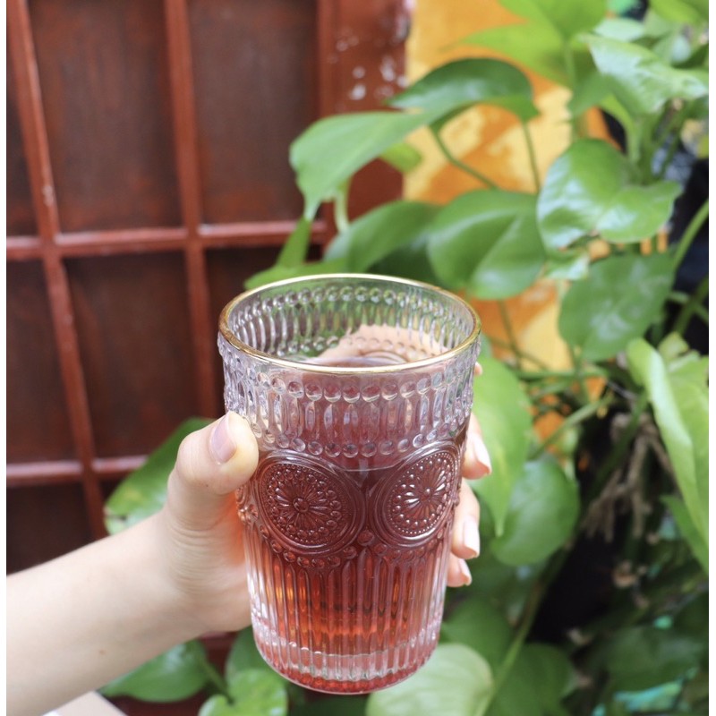 Ly thuỷ tinh chịu nhiệt cao cấp hoạ tiết nổi viền vàng dung tích 400ml