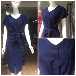 Váy cho con bú vạt liền mở cúc cho con bú xanh navy Bamo Art