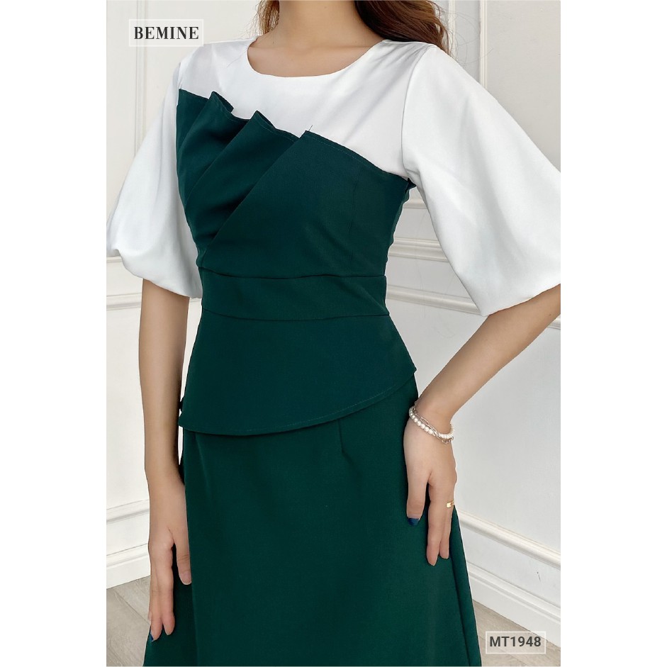 Đầm công sở xếp tầng phối trắng BEMINE MT1948XANH | BigBuy360 - bigbuy360.vn