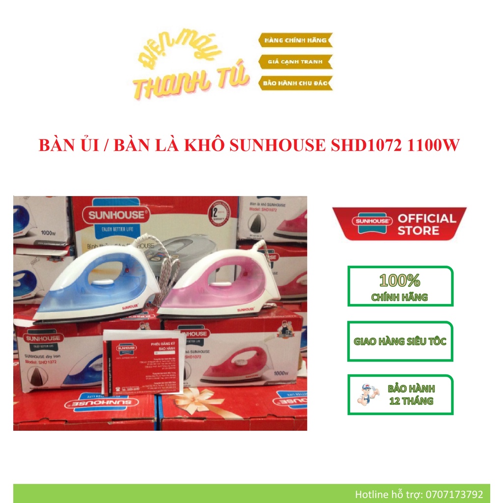 SHD1072 - BÀN ỦI / BÀN LÀ KHÔ SUNHOUSE 1100W – BẢO HÀNH CHÍNH HÃNG 12 THÁNG