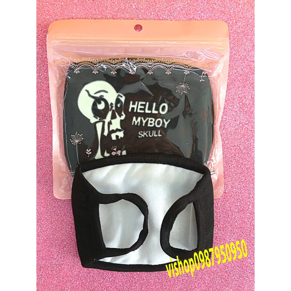 Khẩu trang in hình HELLO MY BOY SKULL hoạt hình màu đen vải cotton chống bụi độc đáo Anime/Manga phong cách Nhật Bản