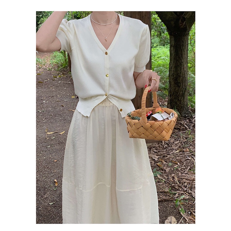 Áo cardigan Ngắn Tay Phồng Cổ Chữ v Phong Cách retro Thời Trang Hàn Quốc