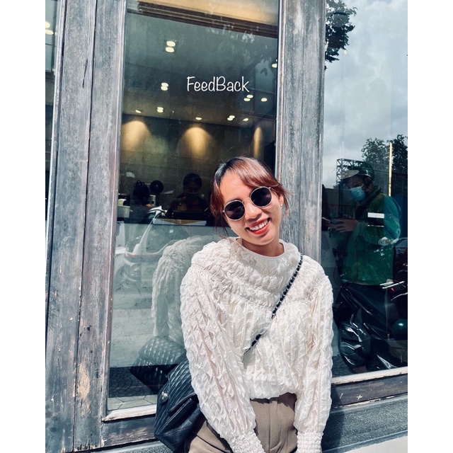 (HÀNG SẴN - ẢNH THÂT) Aó voan tơ nhúng cổ, tay dài. Áo sơ mi cổ tròn 2 màu Be &amp; Đen FREESIZE