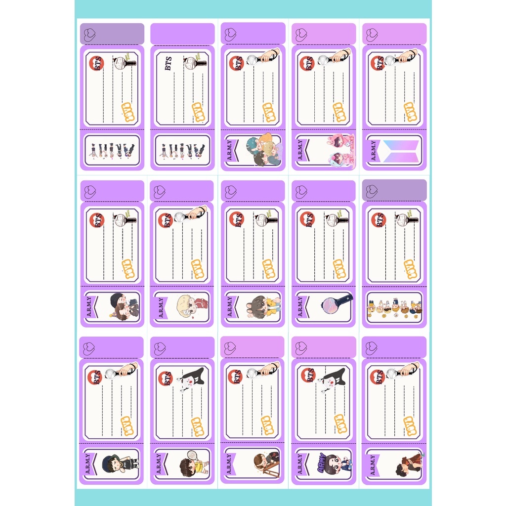 Set 15 Nhãn vở BTS thiết kế kiểu Tem phiếu độc đáo, có keo dán, decal mặt nhám. phong cách BT21, bts chibi