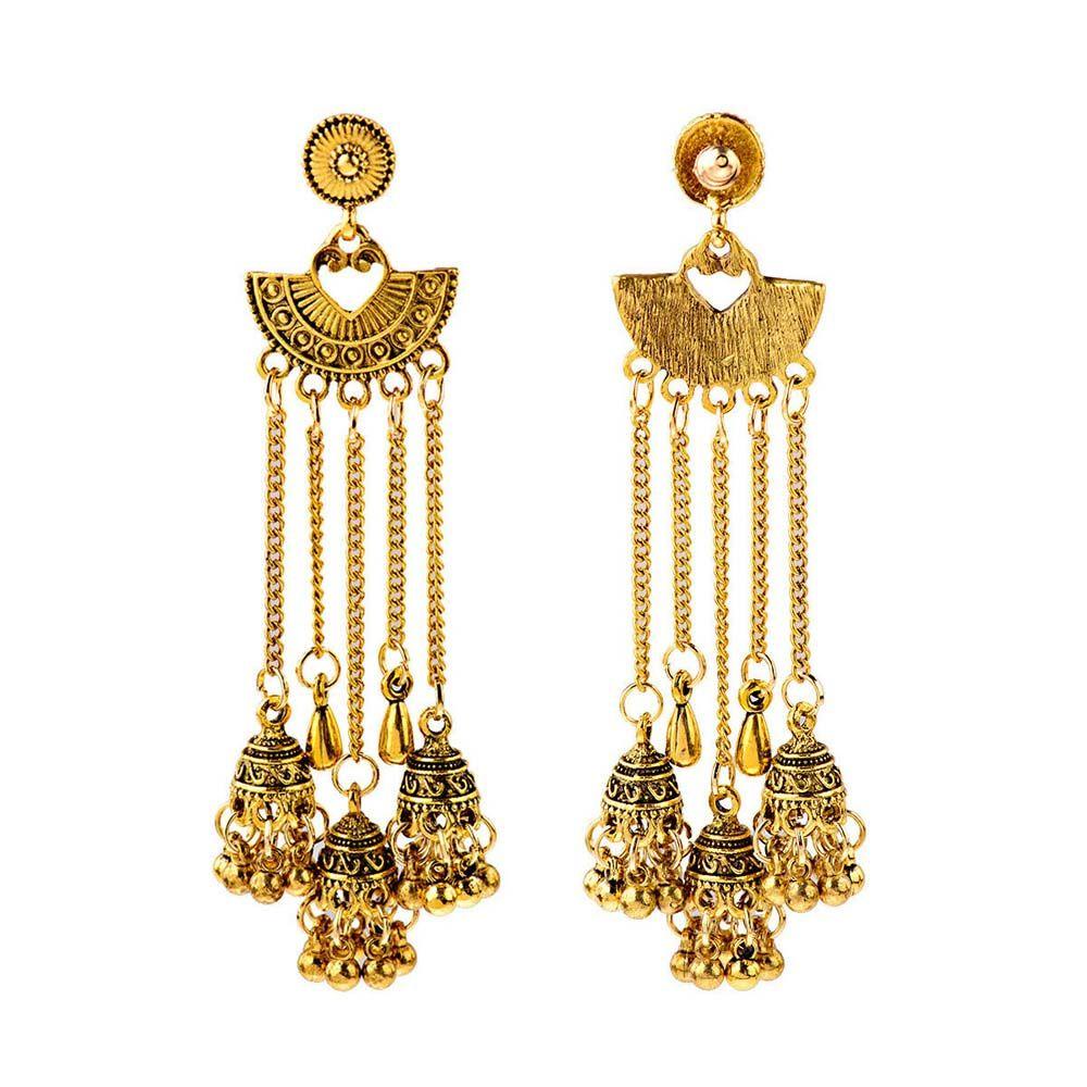 Khuyên Tai Dáng Dài Đính Chuông Chạm Khắc Phong Cách Boho Ấn Độ