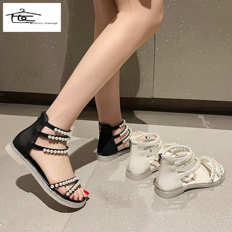 Giày Sandal Đế Bằng Đính Đá Thời Trang Mùa Hè Phong Cách Hàn Quốc Cho Nữ