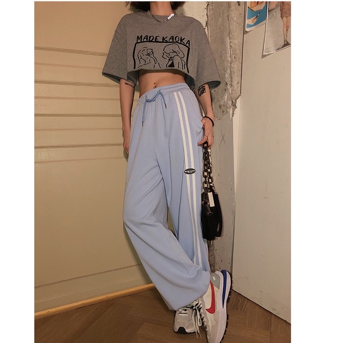 Quần Thể Thao Lưng Cao Ống Rộng Họa Tiết Kẻ Sọc Size S-4XL Phong Cách Hong Kong Cho Nữ