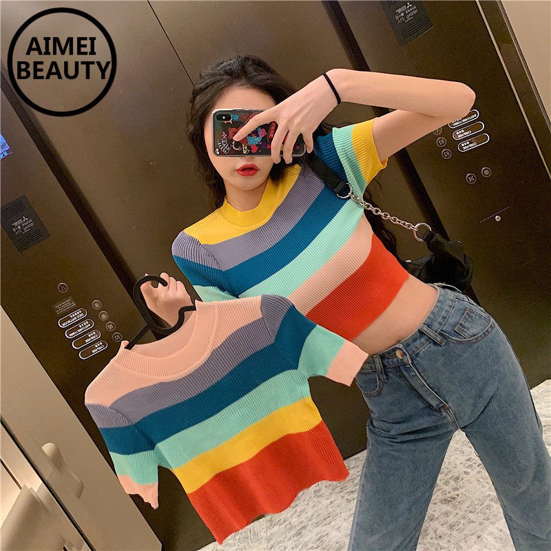 Áo croptop dệt kim tay ngắn hoạ tiết kẻ sọc màu sắc cầu vồng