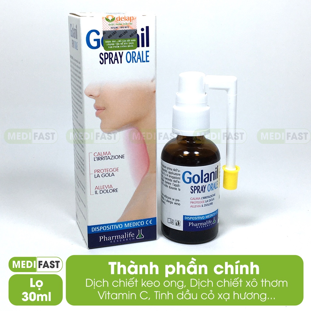 Xịt họng giảm ho đau họng Golanil Spray chai 30ml giảm khô nóng rát đau họng cho người lớn thành phần thảo mộc