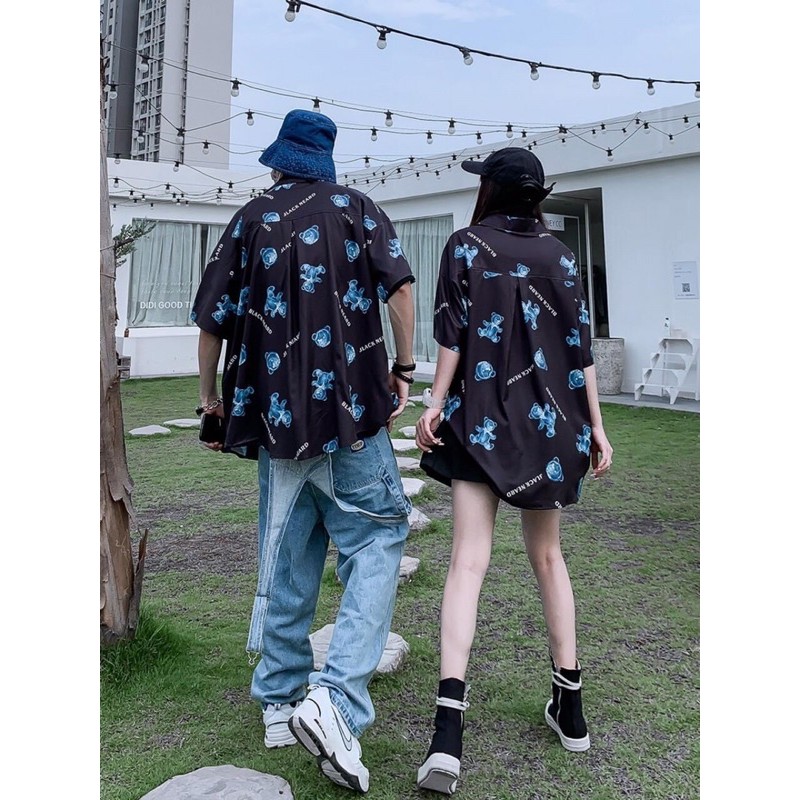 Áo somi unisex form rộng in hình gấu