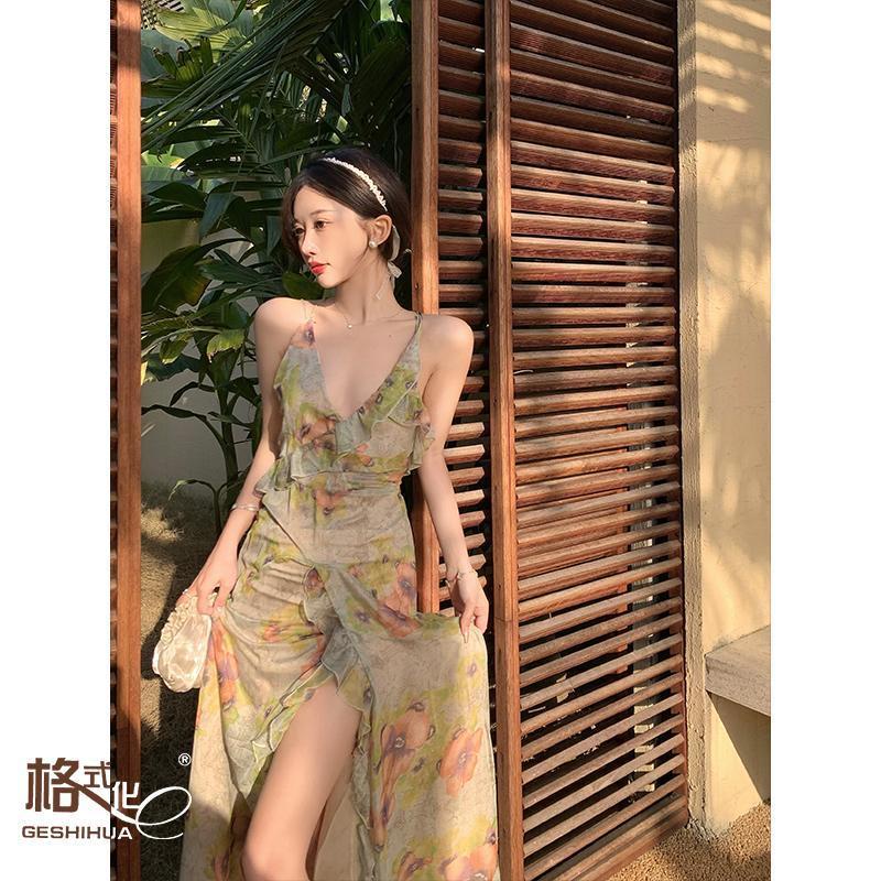 Đầm Hai Dây Xẻ Tà Quyến Rũ Phong Cách Retro Kiểu Pháp