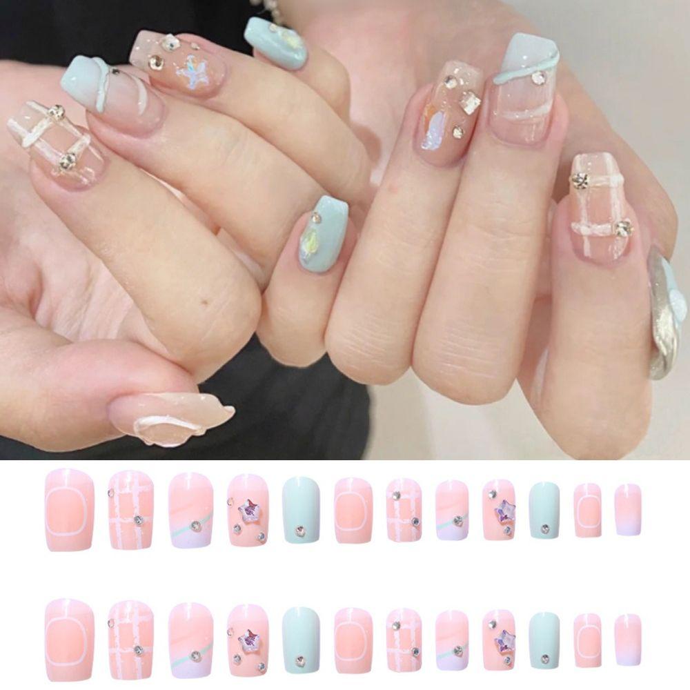 XIANTIN Set 24 Móng Tay Giả Màu Bạc Hà Có Thể Tháo Rời