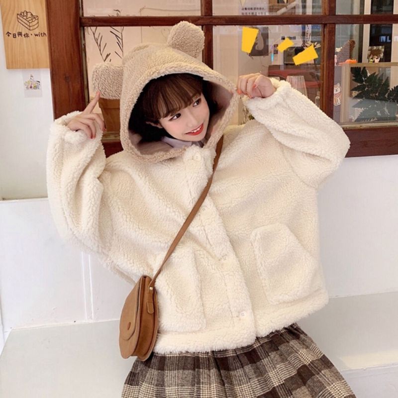 áo khoác lông nữ, khoác lông cừu 2 lớp, khoác lông tai gấu siêu yêu(có size 28-80kg)