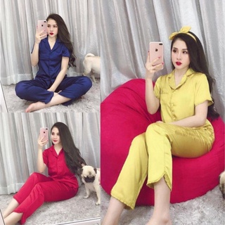 Bộ mặc nhà , bộ ngủ, bộ piyâm lụa áo cộc quần dài phối viền bèo chát liệu lụa satin thiết kế siêu hot hit