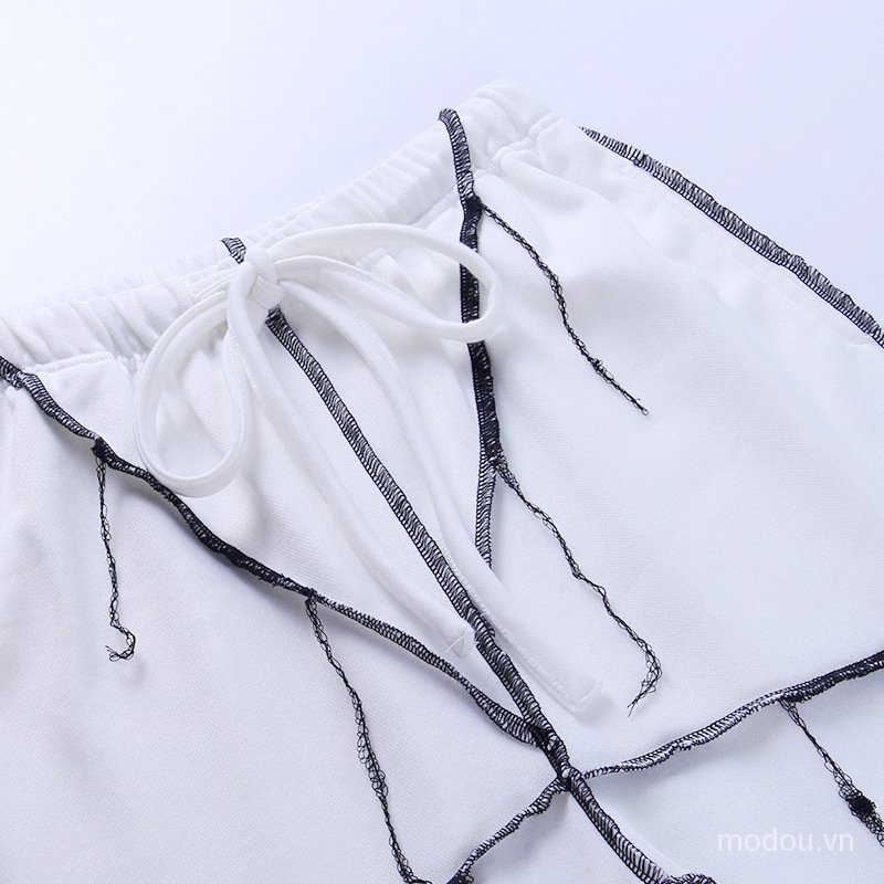 Set đồ 2 món gồm áo thun crop top tay dài phối ren + quần dài thời trang cho nữ