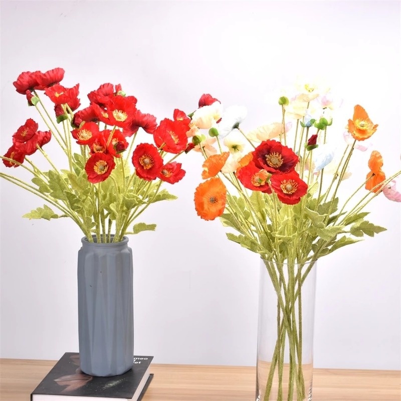 Hoa Anh Túc Nhân Tạo Bằng Lụa + 4 Đầu Bông 60Cm Trang Trí Tiệc Cưới/Nhà Cửa