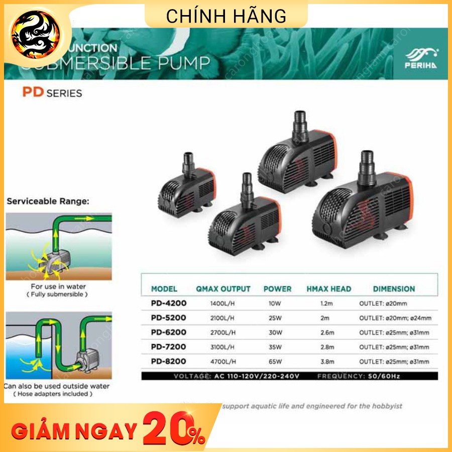 Máy Bơm Nước Periha PD-4200, 5200, 6200, 7200, 8200 10W - Máy Bơm Hồ Cá Cao Cấp Chính Hãng