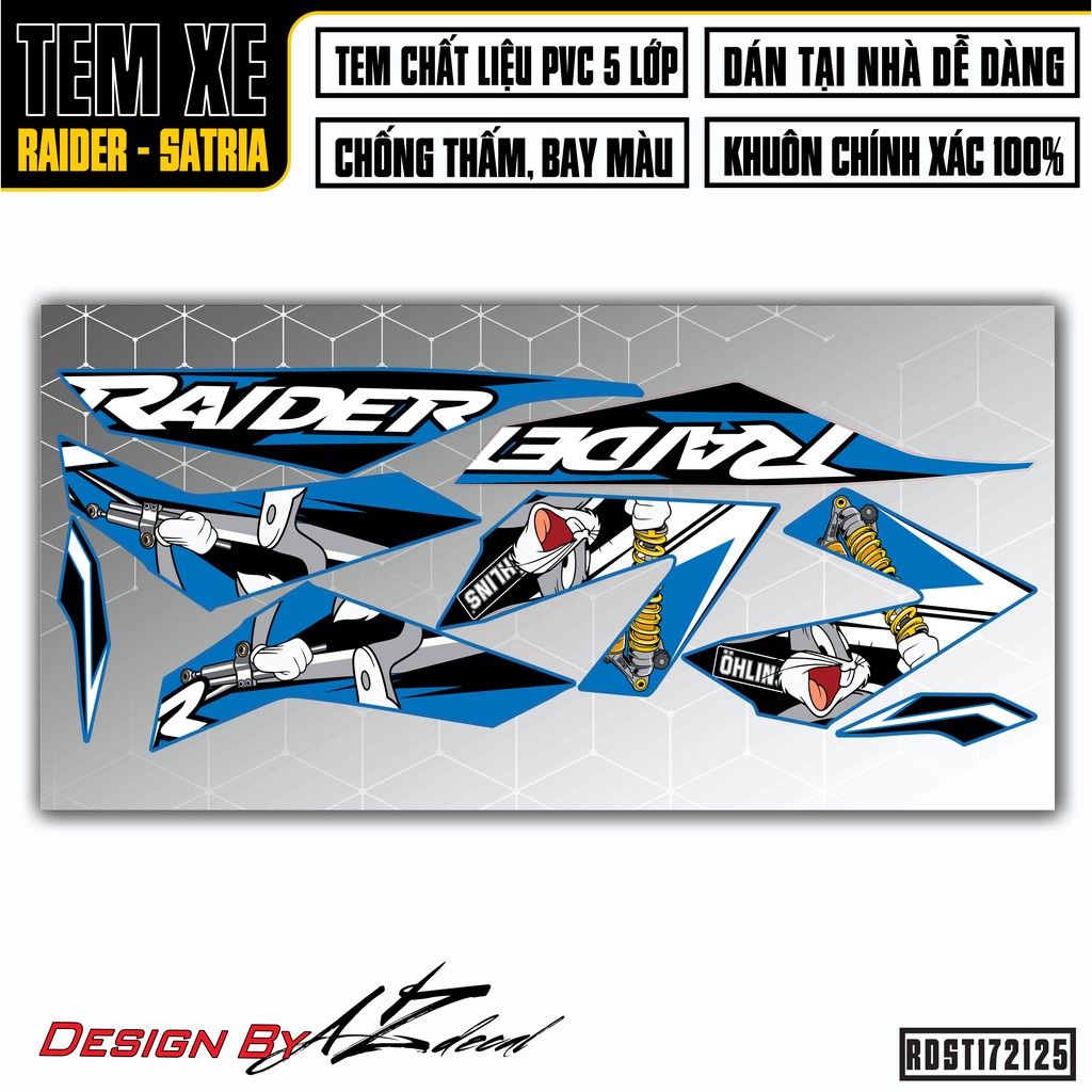 Tem Xe Suzuki Raider - Satria Mẫu Rabbit Ohlins | RDST172125 | Chất Liệu Decal Chống Nước, Màu Xanh, Đỏ