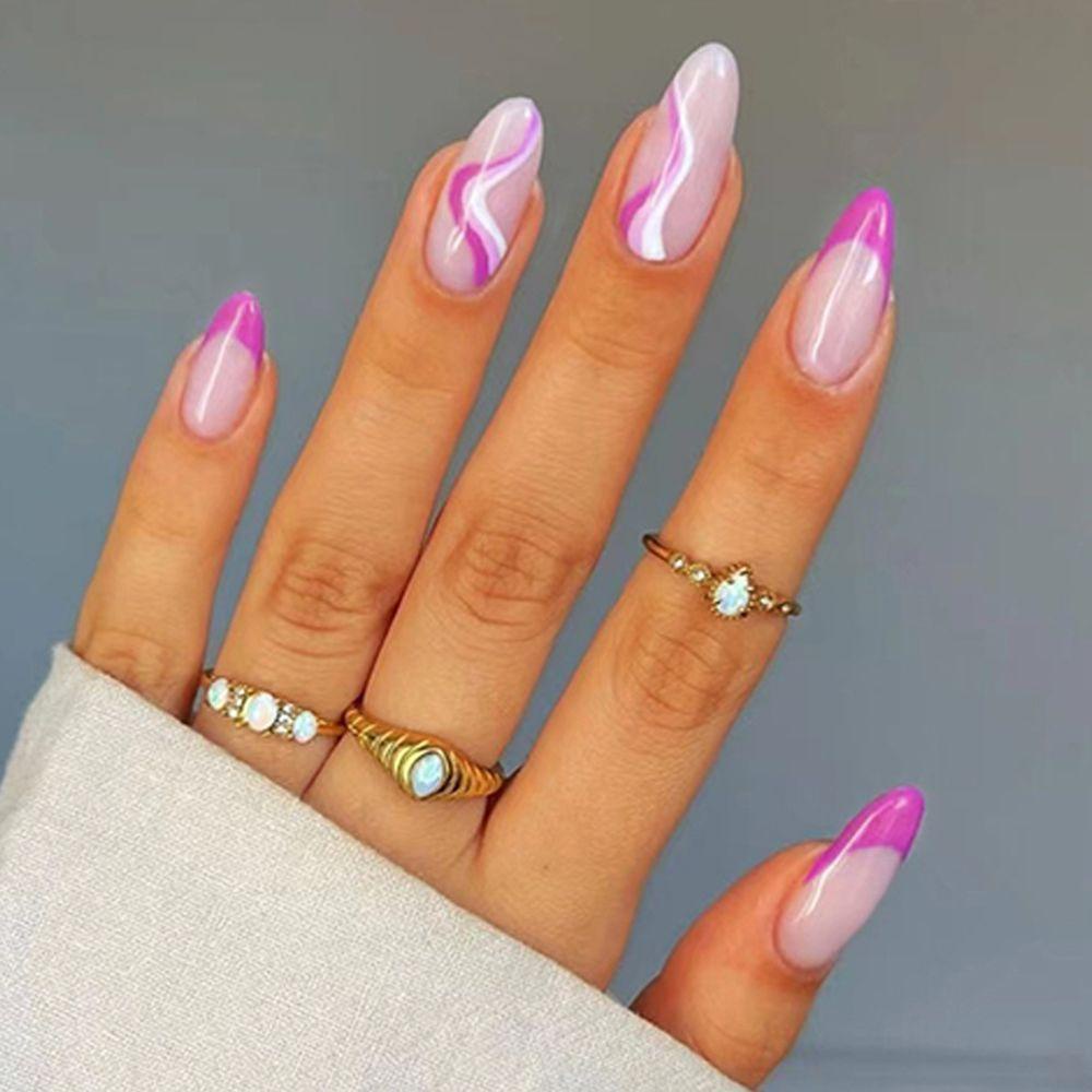 Bộ 24 Móng Tay Giả Có Thể Tháo Rời Đường Viền Lượn Sóng Màu Hồng Gradient
