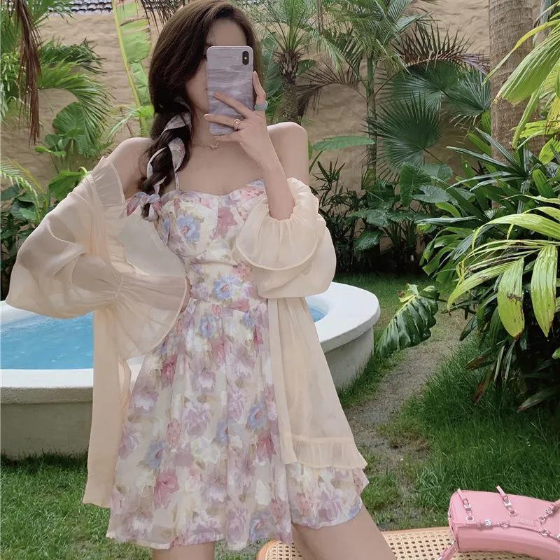 Bộ áo khoác cardigan + đầm hai dây họa tiết hoa thời trang mùa hè 2022 cho nữ (có bán lẻ)