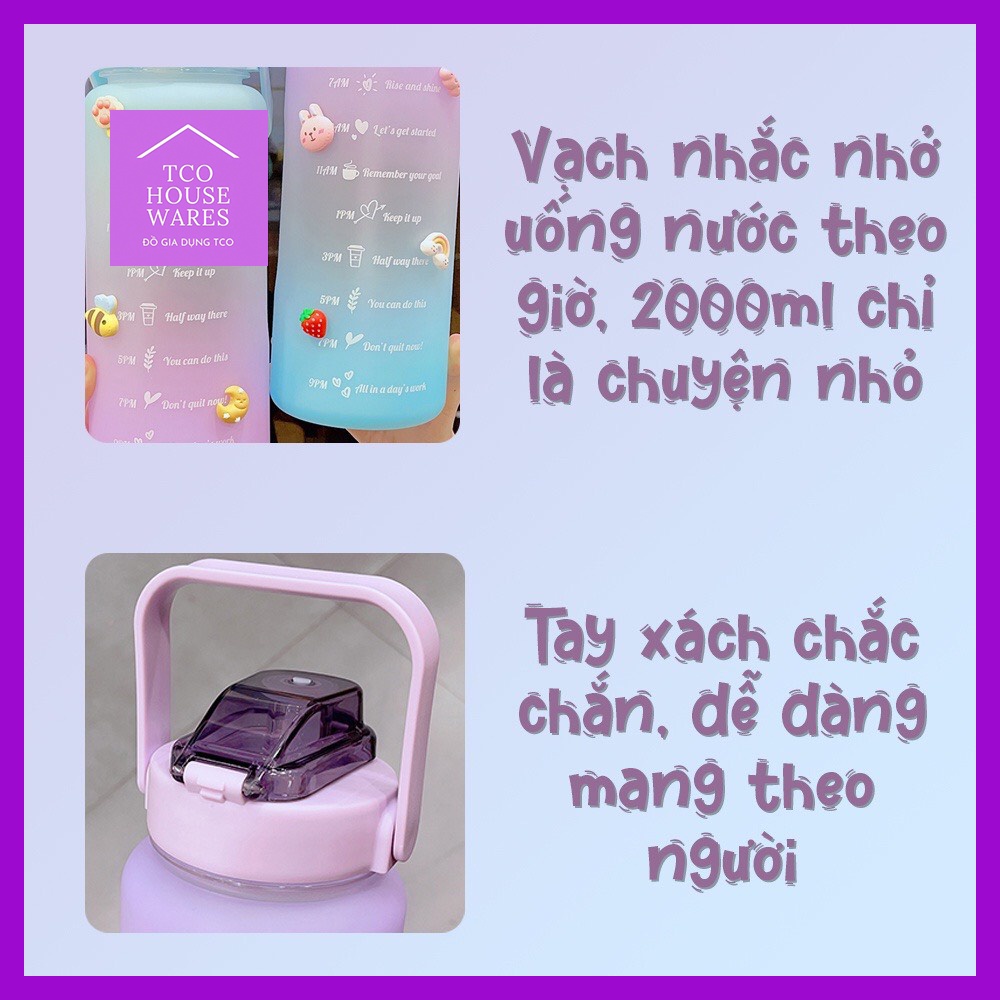 Bình nước 2 lít tặng Sticker dành cho người lười uống nước TcoHouseware bình nước cute 2L có ống hút, vạch chia nhắc giờ