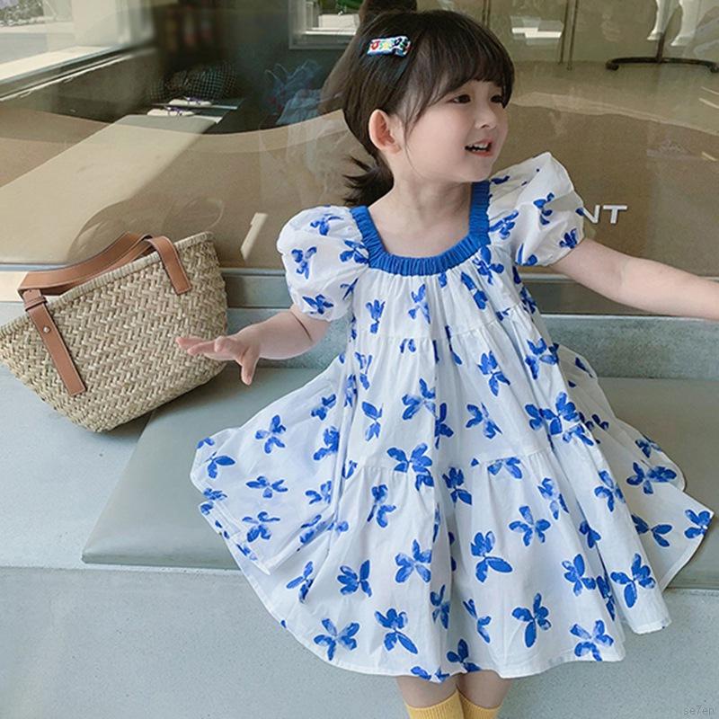 Đầm Công Chúa Tay Phồng Cổ Vuông Vải Cotton In Họa Tiết Hoa Dành Cho Bé Gái 3-8 Tuổi