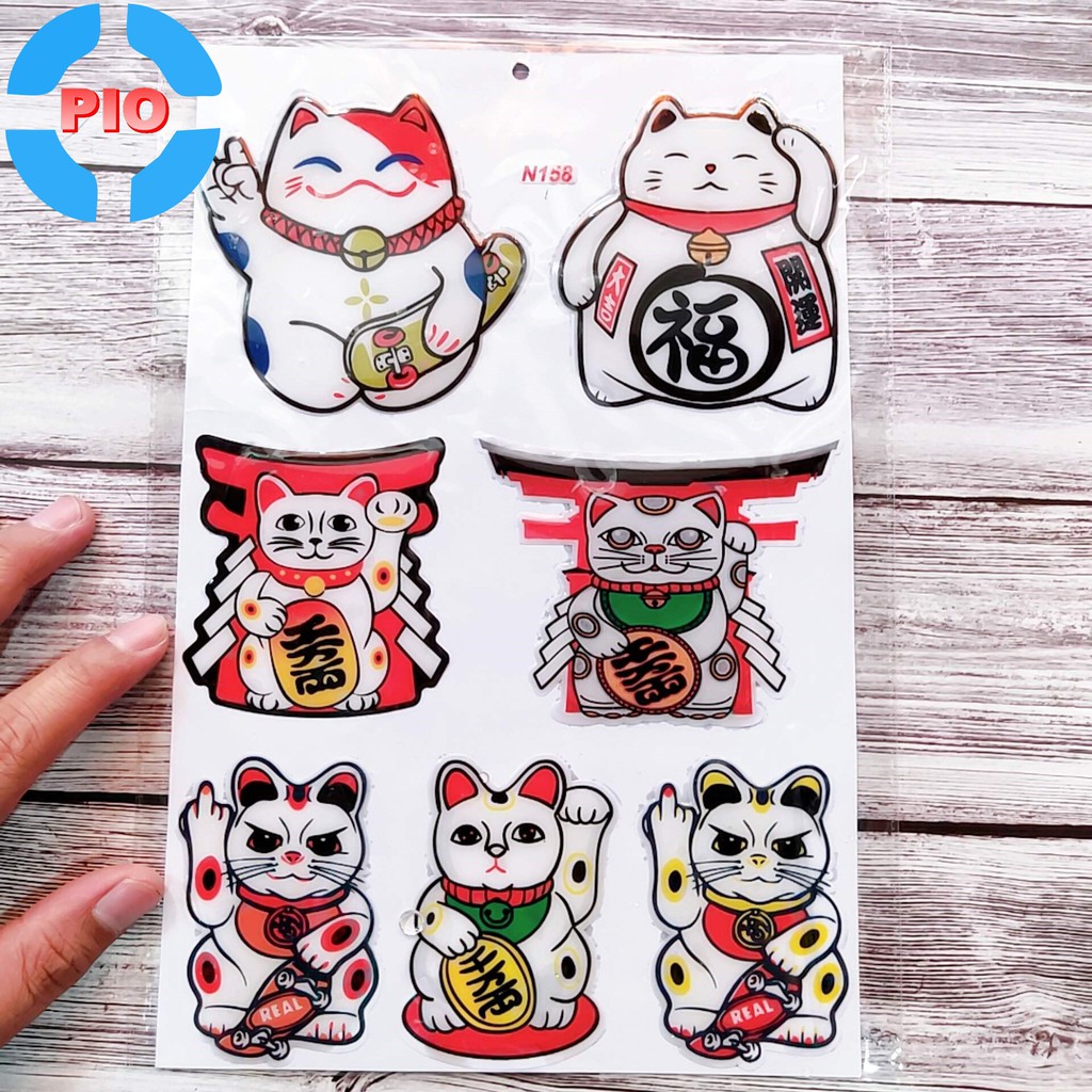 Bộ Tem Mèo Thần Tài Dập Nổi  Cao Cấp, Sticker cute Dán Xe Máy, Ô Tô, Mũ Bảo Hiểm, Chống Thấm