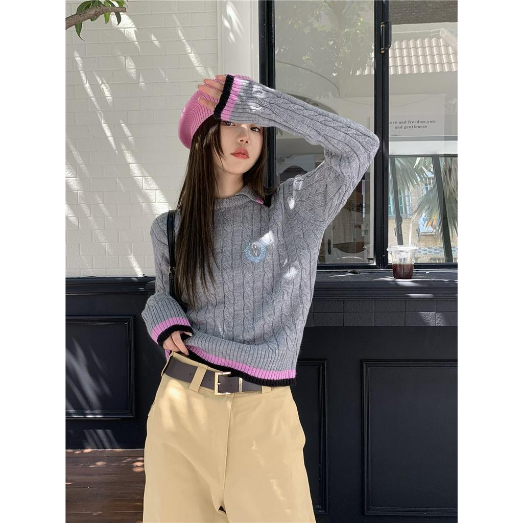 Áo Sweater Dệt Kim Tay Dài Cổ polo Thêu Họa Tiết Màu Sắc Tương Phản Phong Cách Preppy 5648