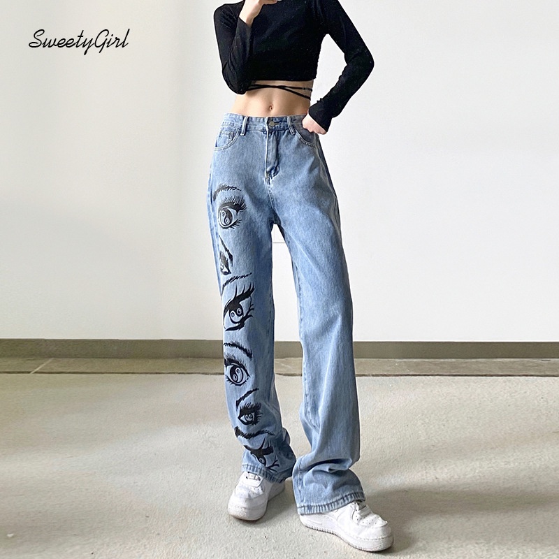 Quần Jeans Dài Lưng Cao In Hình Đôi Mắt Thời Trang Cho Nữ