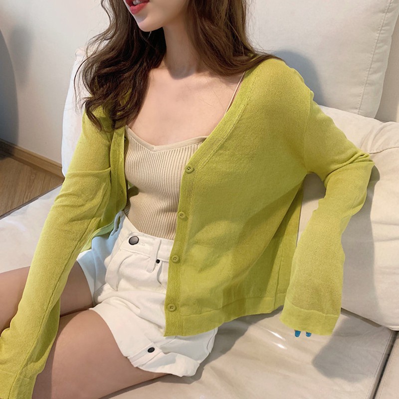 Áo Khoác Cardigan Dệt Kim Mỏng Tay Dài Cổ Chữ V Thiết Kế Xinh Xắn Cho Nữ