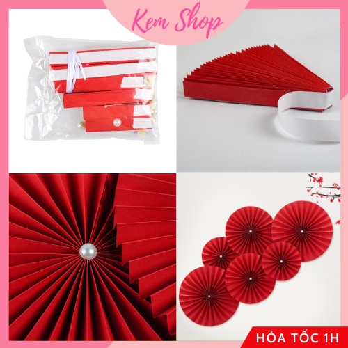 Set 6 quạt giấy đỏ Party Fan cao cấp Kem Shop trang trí đám cưới, lễ hội, Tết năm mới - K290
