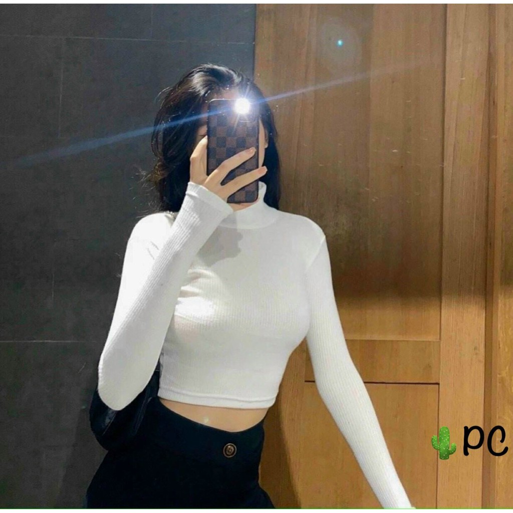 Áo thun gân cổ lọ tay dài form croptop chuẩn đẹp chuẩn hot