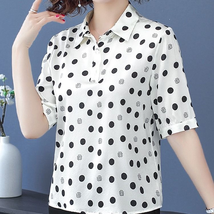 Áo Sơ Mi chiffon Ngắn Tay Họa Tiết Chấm Bi Thời Trang Cho Phụ Nữ Trung Niên