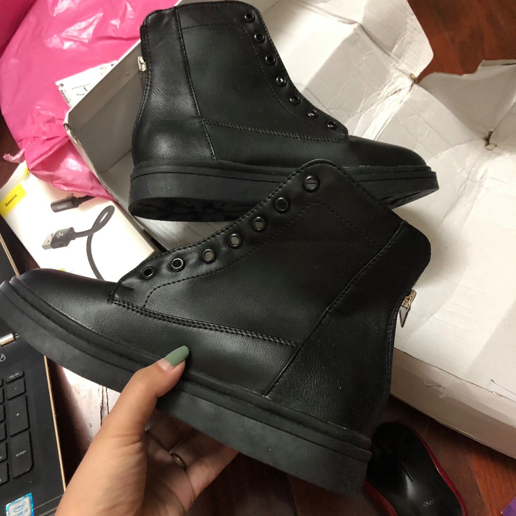 Boot cao cổ ulzzang  Meimei T8.13 Giày cao cổ nữ dạng bốt đế bằng chất liệu da PU có khóa kéo sau boots | WebRaoVat - webraovat.net.vn