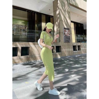 Đầm midi xốp cổ bẻ dài