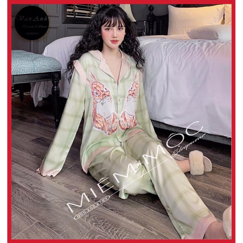 Đồ Bộ Mặc Nhà Pijama Nữ Dài Tay Cổ Bèo Dễ Thương - Đồ Ngủ Lụa Quảng Châu Cao Cấp