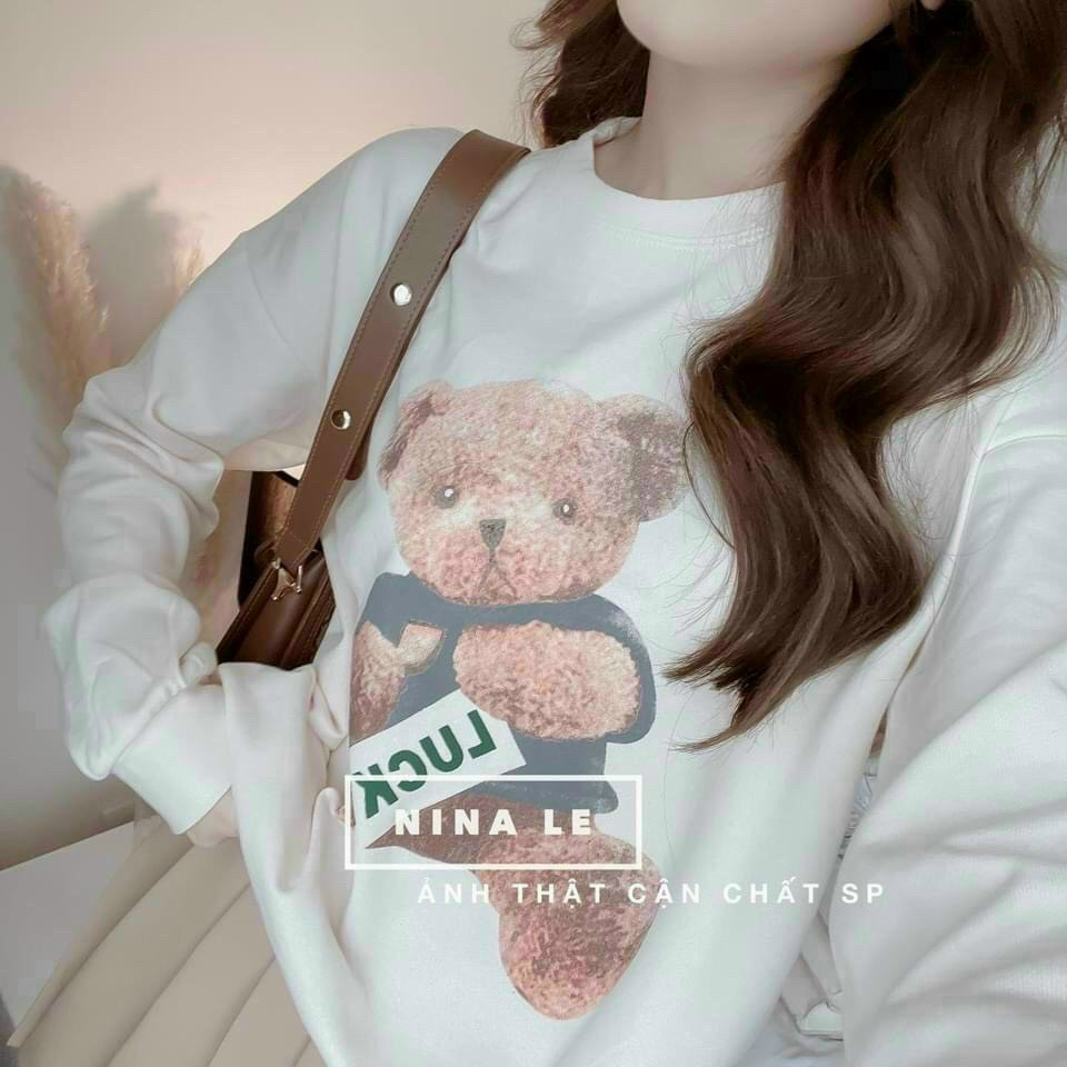 Set áo kèm chân váy nữ, áo thun trắng tay dài in gấu mix chân váy nâu xếp ly cá tính, dễ thương  dx