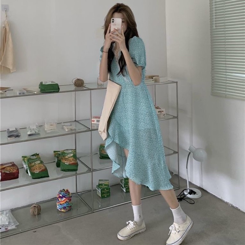 FREESHIP VÁY BÁNH BÈO HOA NHÍ XANH DA TRỜI VINTAGE